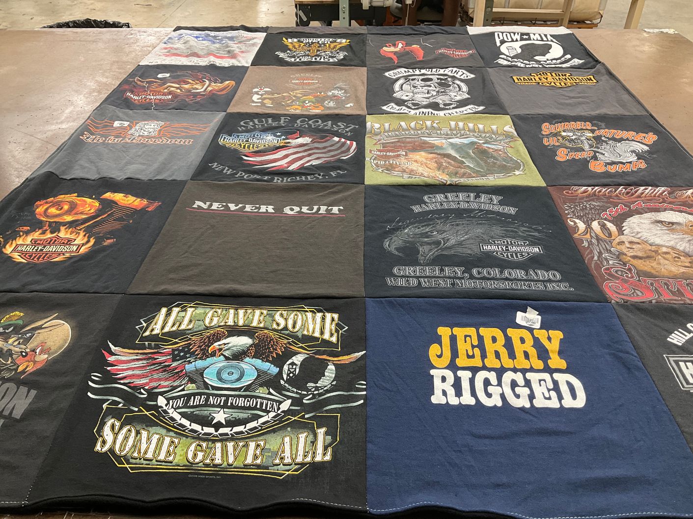 T-shirt quilt with motorcycles, harley themes by Christina from CO