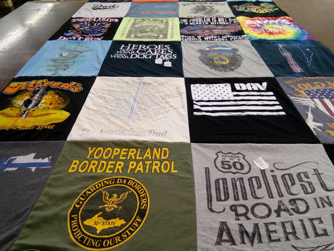 T-shirt quilt with veterans, patriotism themes by Cynthia from MS