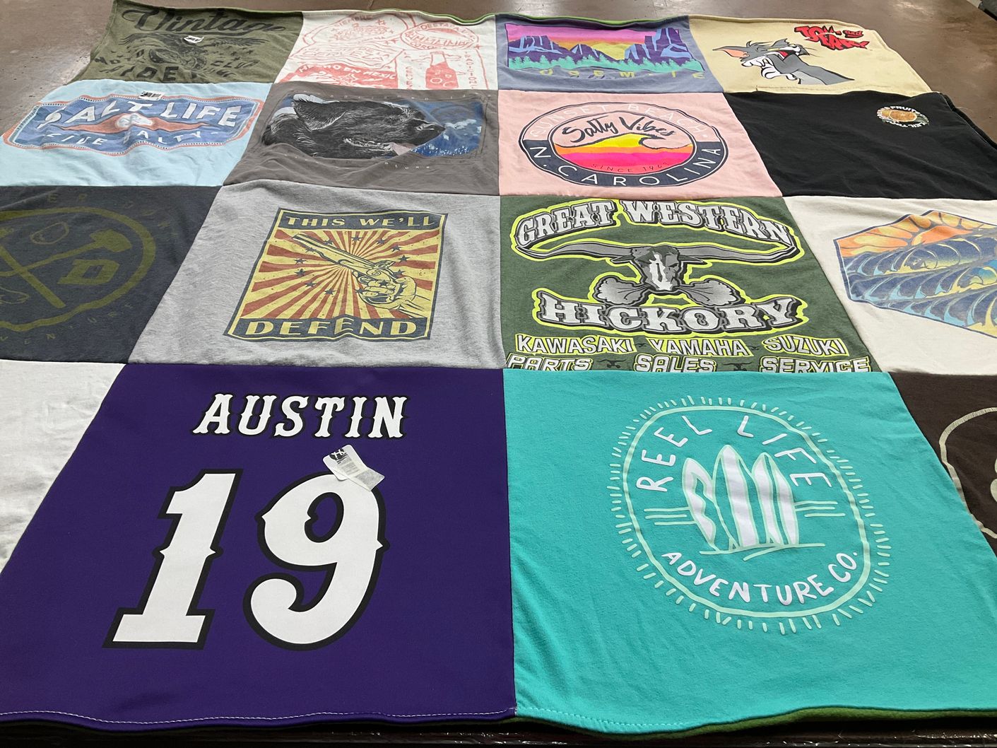 T-shirt quilt with outdoor activities, adventure themes by Chesley from NC