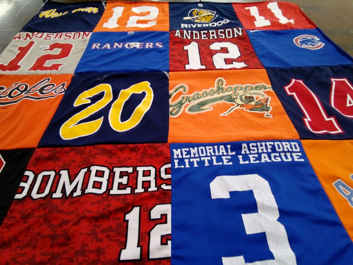 T-shirt quilt with baseball, youth sports themes by Dawn from TX