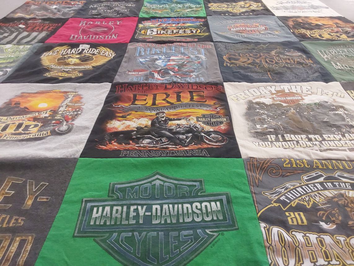 T-shirt quilt with motorcycles, biking themes by Gregory from PA