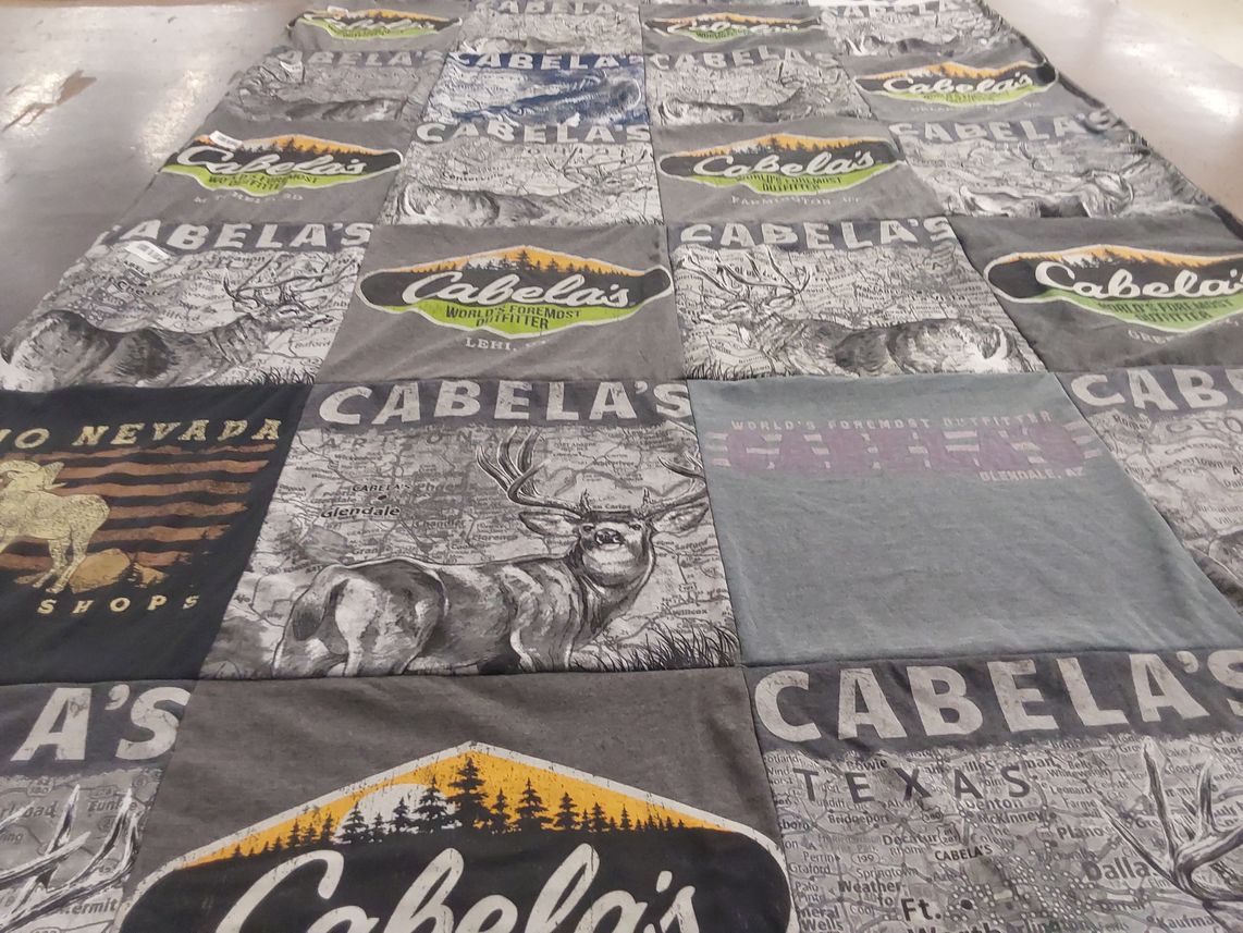 T-shirt quilt with hunting, outdoors themes by Wilma from CA