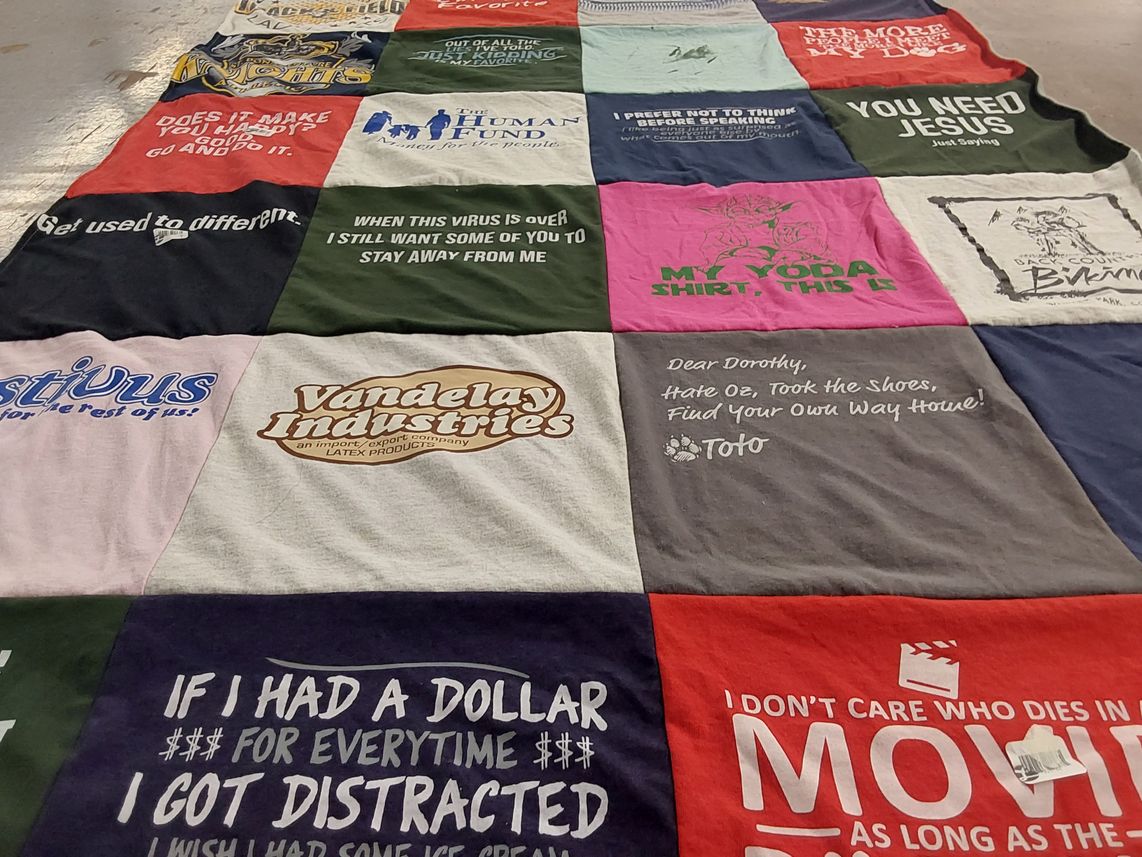 T-shirt quilt with pop culture, humor themes by Sandy from TX