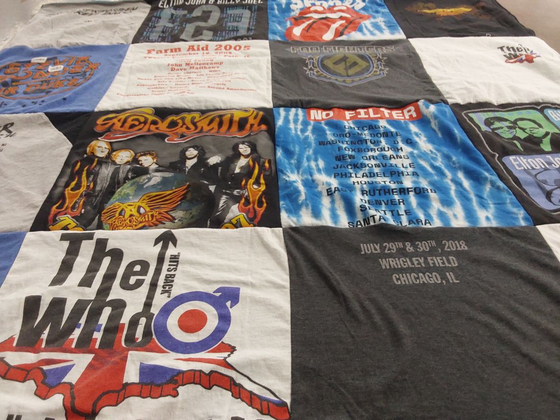 T-shirt quilt with music, concerts themes by Leslie from IL