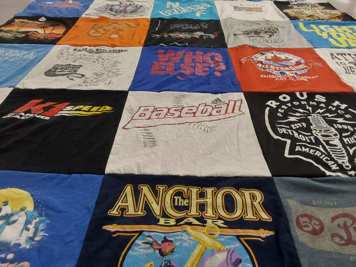 T-shirt quilt with racing, baseball themes by Stash from FL