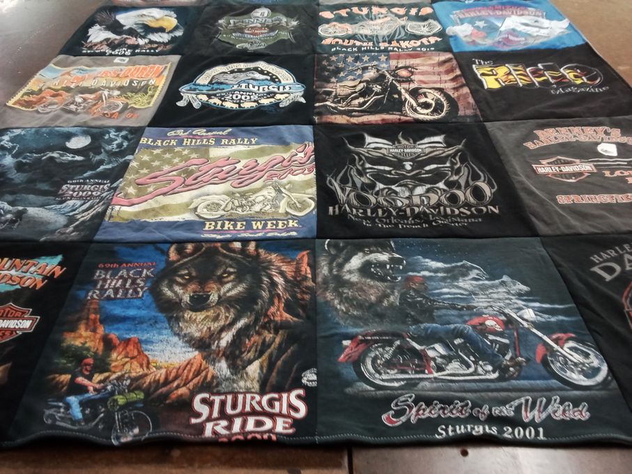 T-shirt quilt with motorcycles, biking themes by Randall from OK