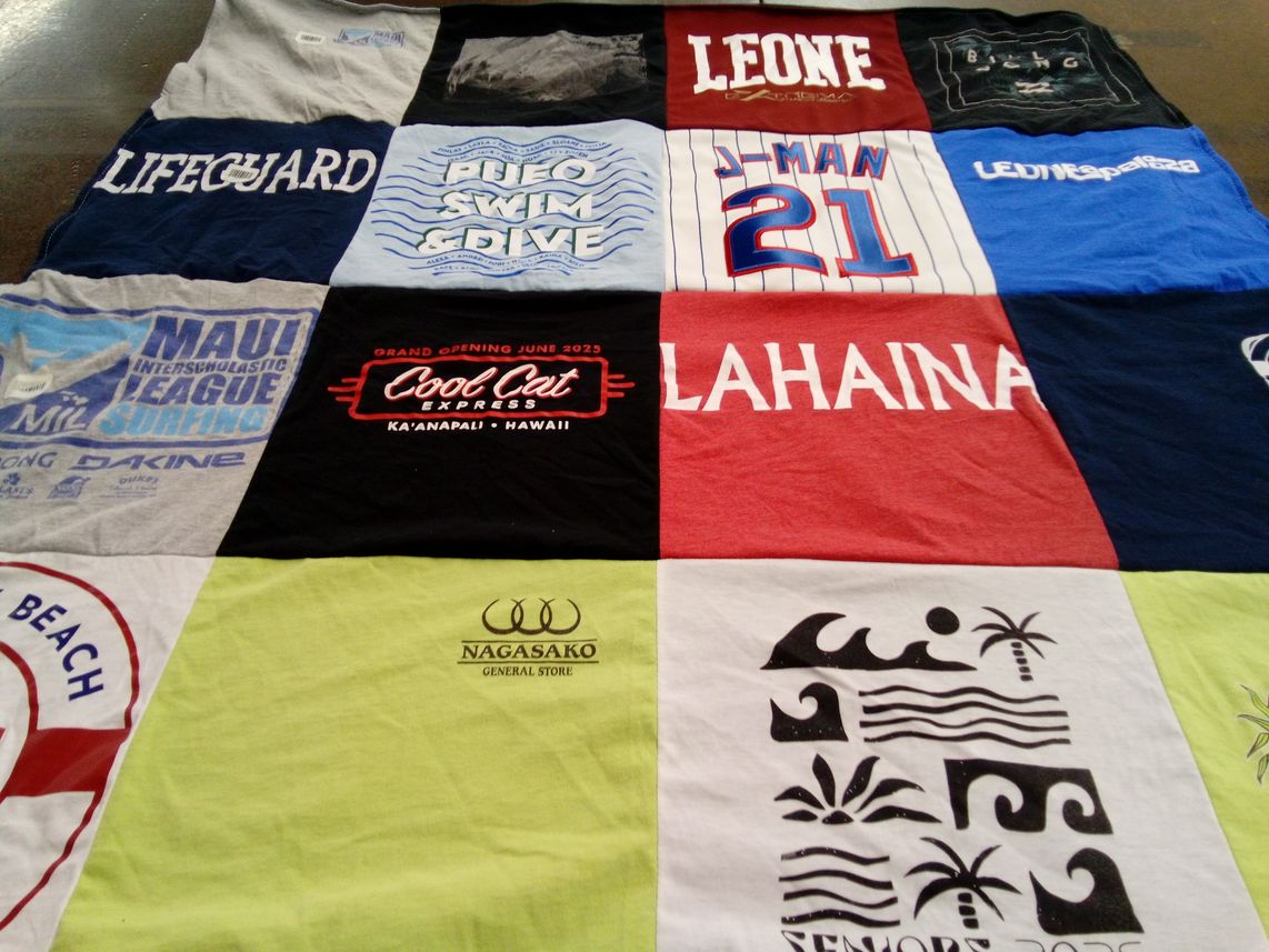 T-shirt quilt with surfing, swimming themes by Angela from HI