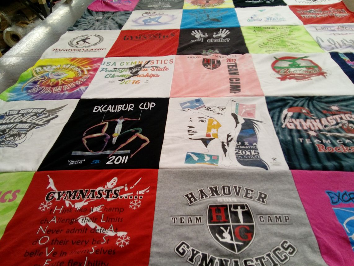 T-shirt quilt with gymnastics, sports themes by jessica from PA