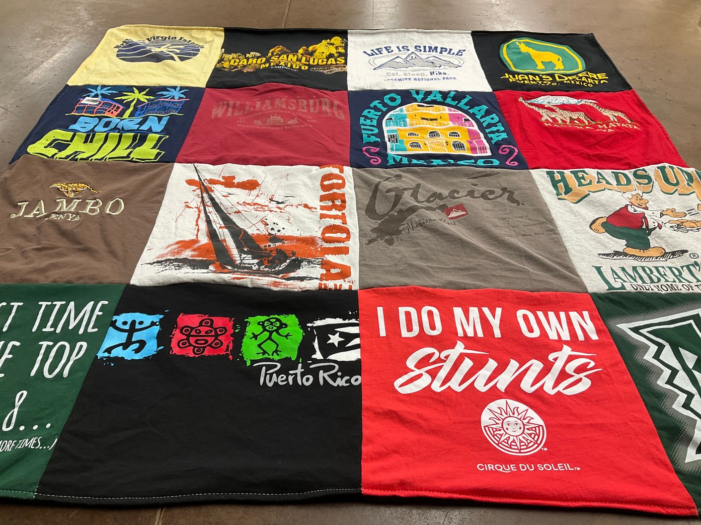 T-shirt quilt with travel, adventure themes by Lori from UT