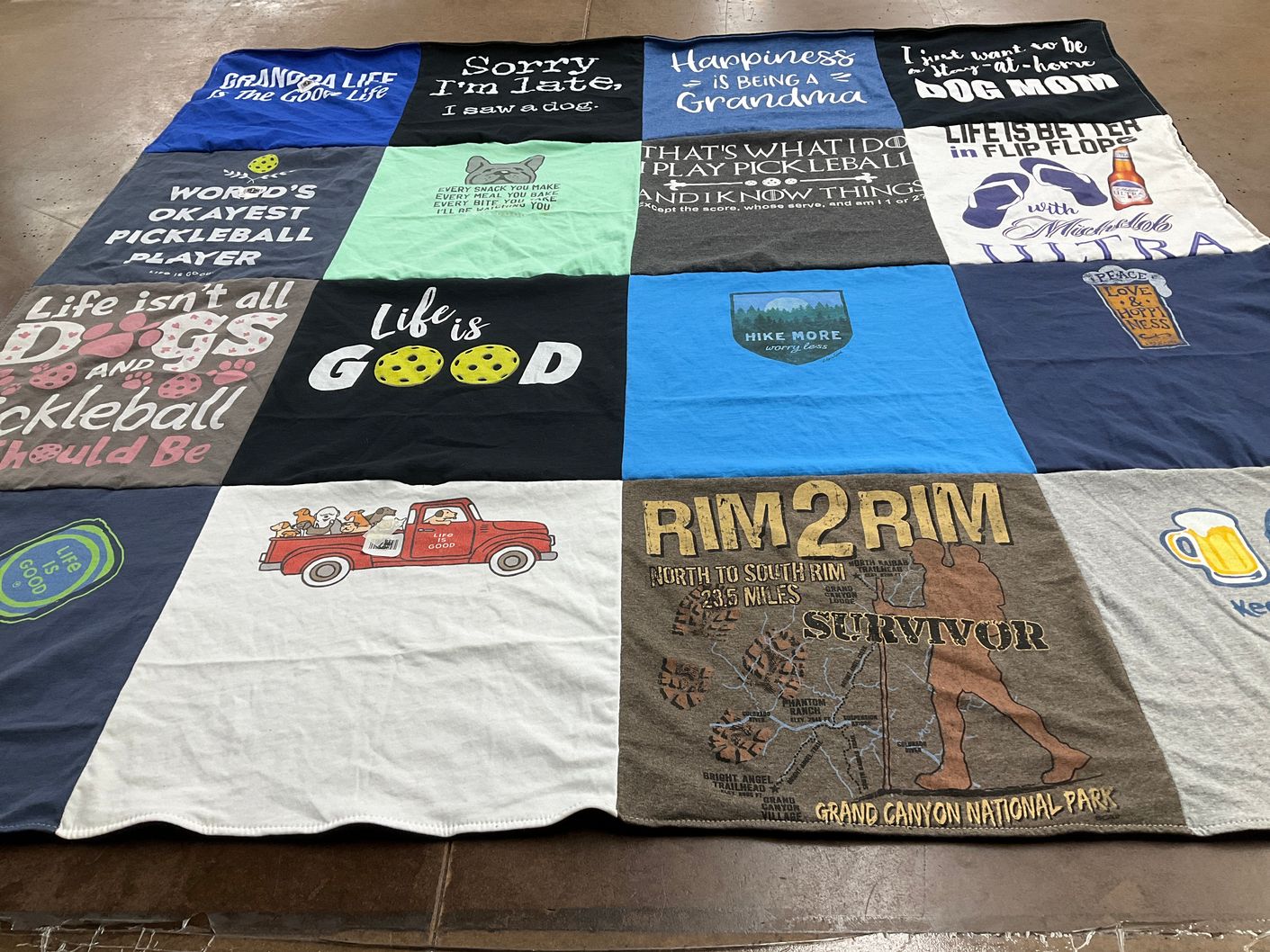 T-shirt quilt with dogs, pickleball themes by Roger from AZ