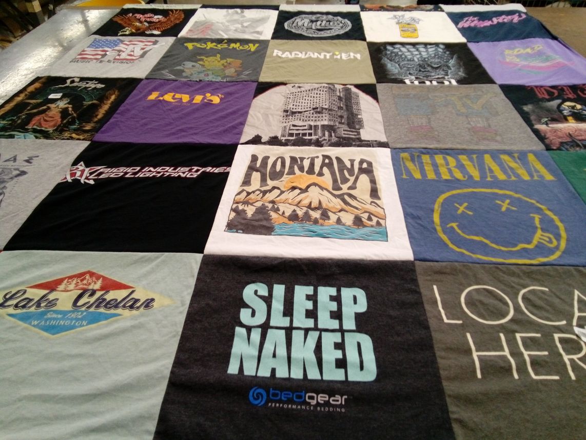 T-shirt quilt with music, gaming themes by Larissa from AZ