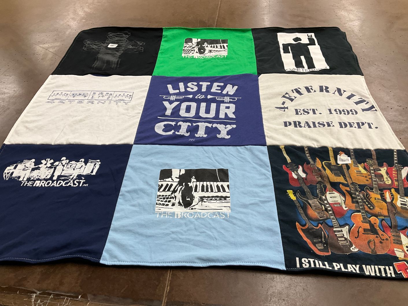 T-shirt quilt with music, community themes by Cheri from TX