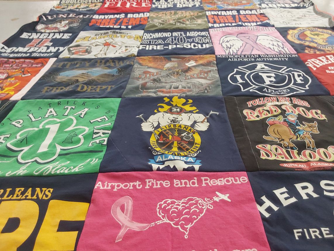 T-shirt quilt with firefighting, airports themes by James from MD