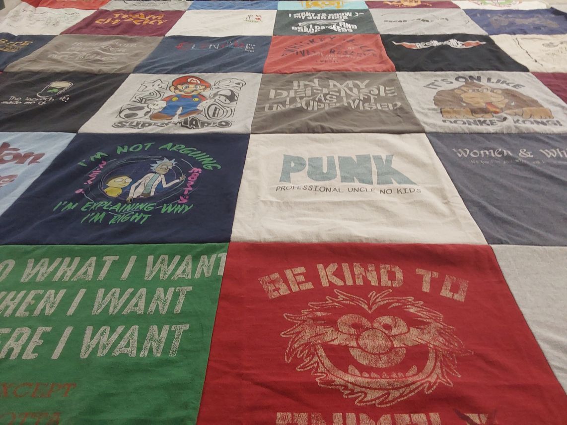 T-shirt quilt with humor, video games themes by Meghan from PA