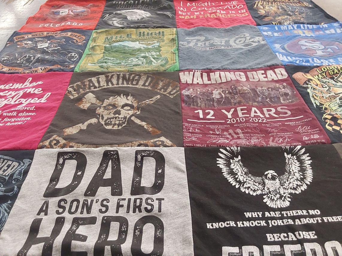 T-shirt quilt with biking, motorcycles themes by Joyce from CO