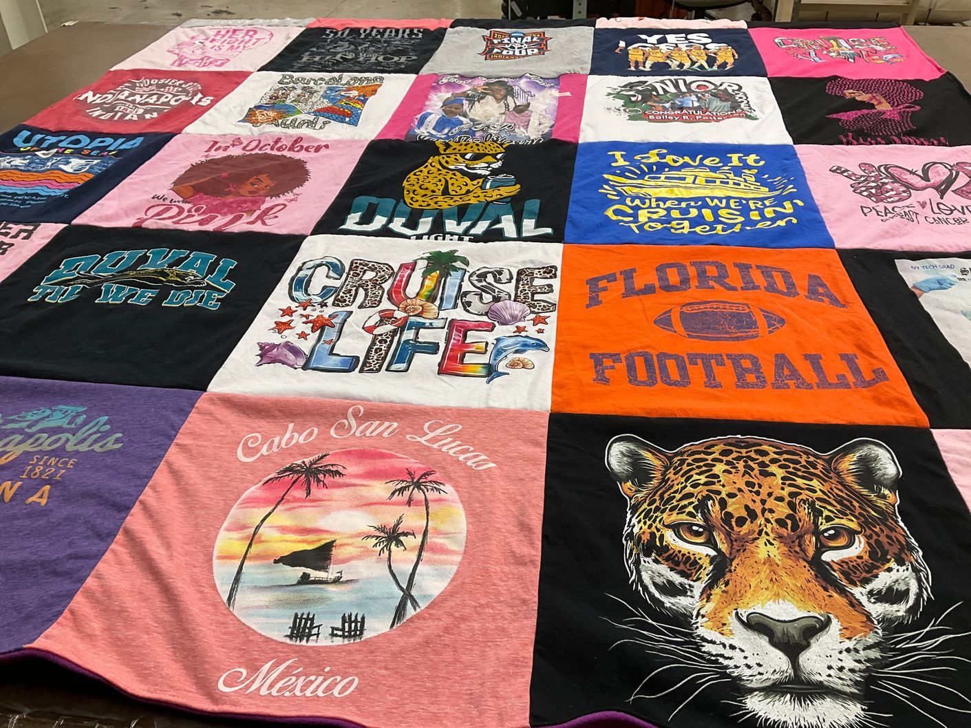 T-shirt quilt with travel, cruising themes by Leslie from FL