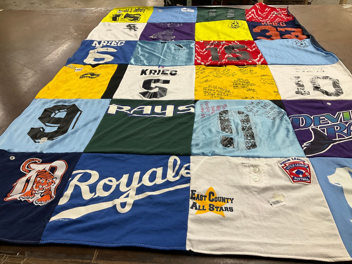 T-shirt quilt featuring royals, rays by Jeanne from CA