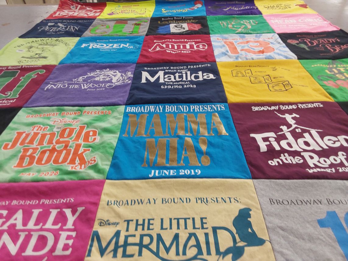 T-shirt quilt with theater, musicals themes by Chelsea from WA