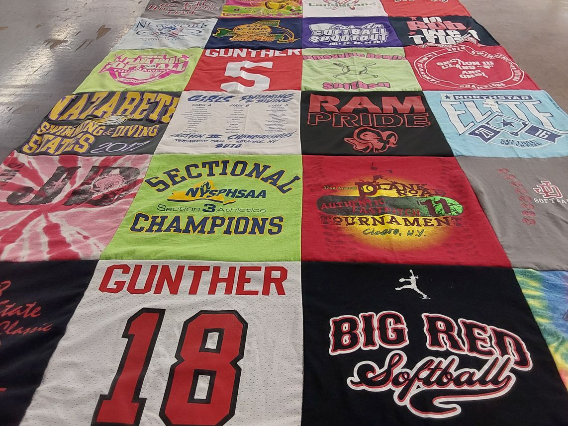T-shirt quilt featuring big red softball, ram pride by Jodi from NY