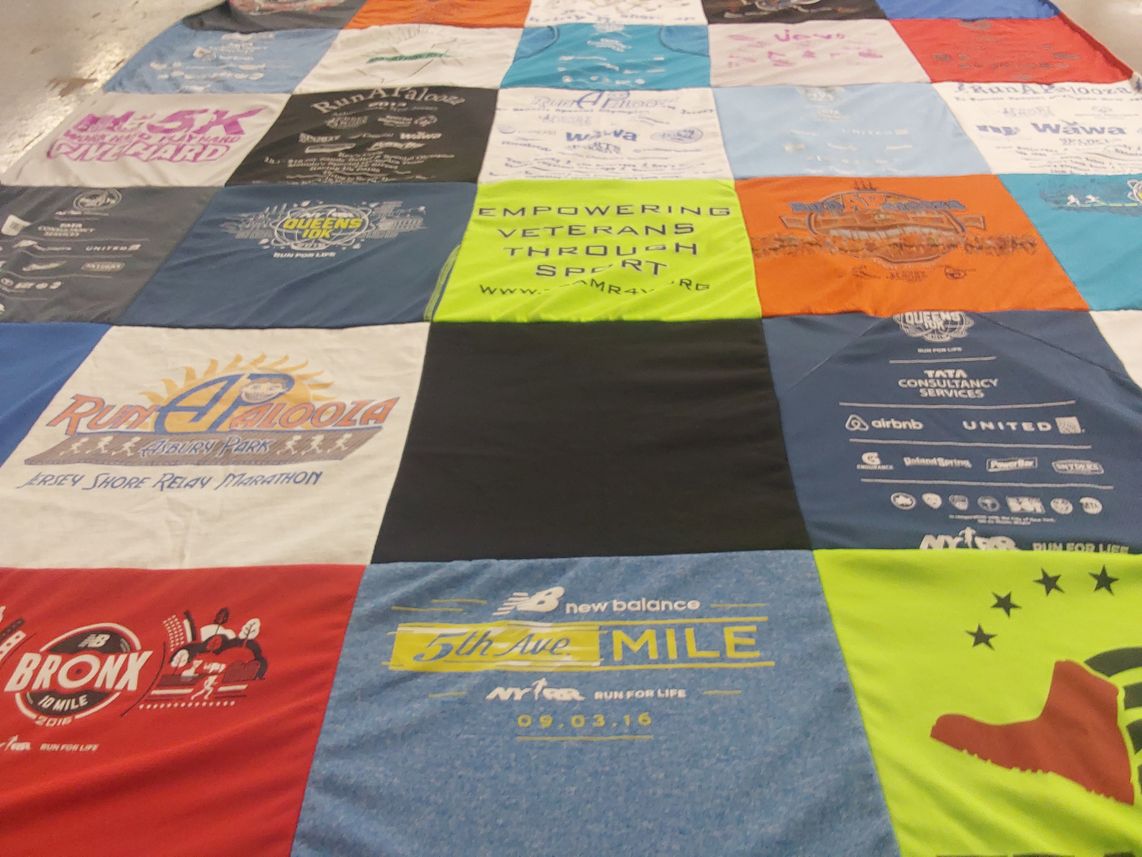 T-shirt quilt with running, veterans support themes by A from NJ