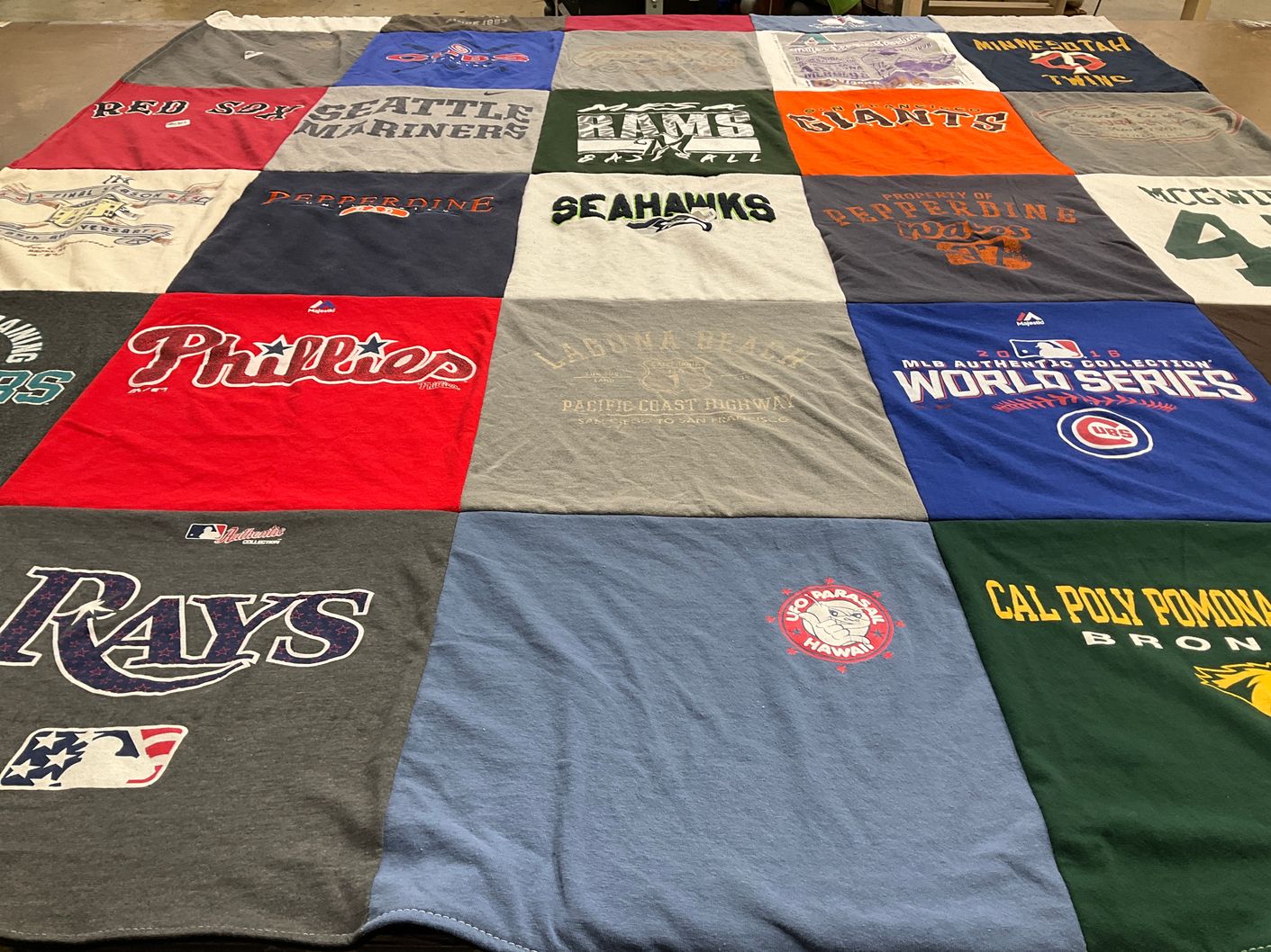 T-shirt quilt featuring seattle seahawks, philadelphia phillies by Julie from CA
