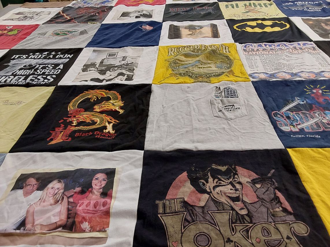 T-shirt quilt with comics, movies themes by Yolanda from FL