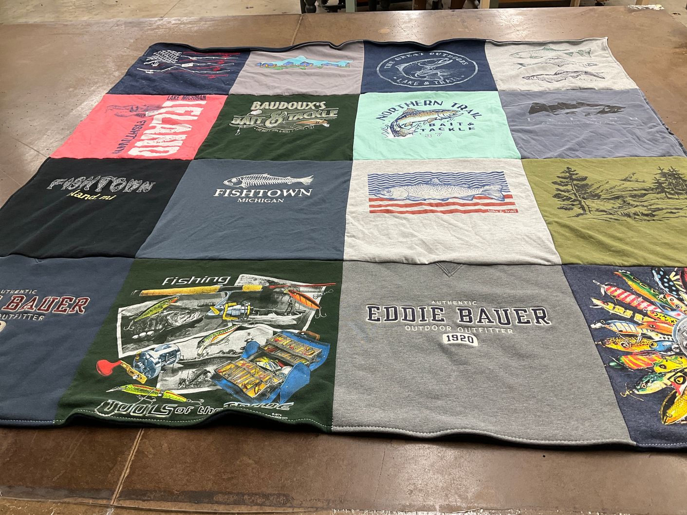 T-shirt quilt with fishing, outdoor activities themes by Dianne from MI