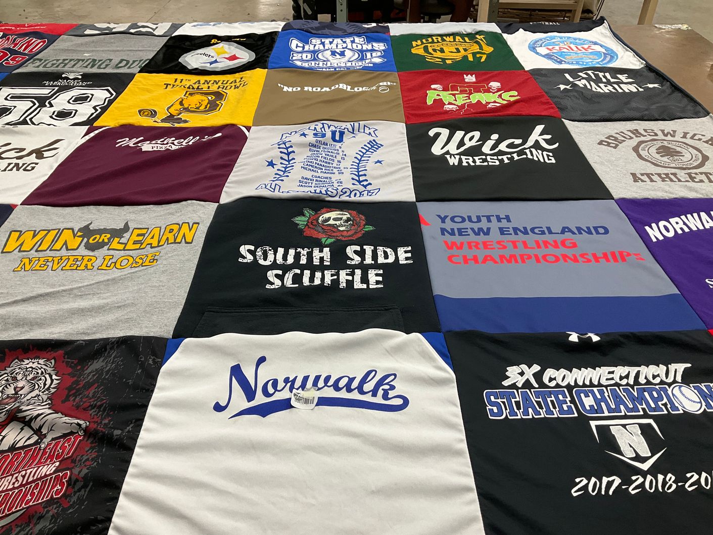 T-shirt quilt featuring norwalk high school wrestling by Jackie from CT