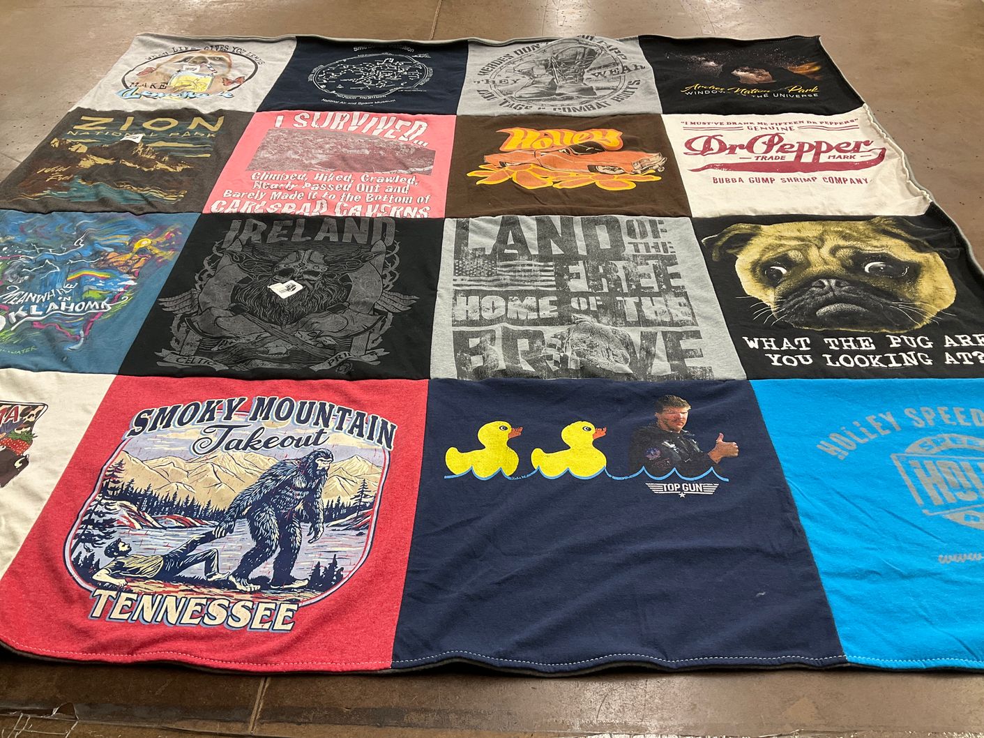 T-shirt quilt with travel, outdoors themes by Joe from OK