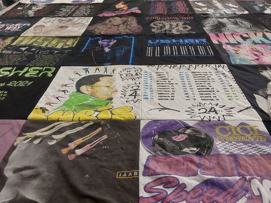 T-shirt quilt with music, concerts themes by Jazmin from TX