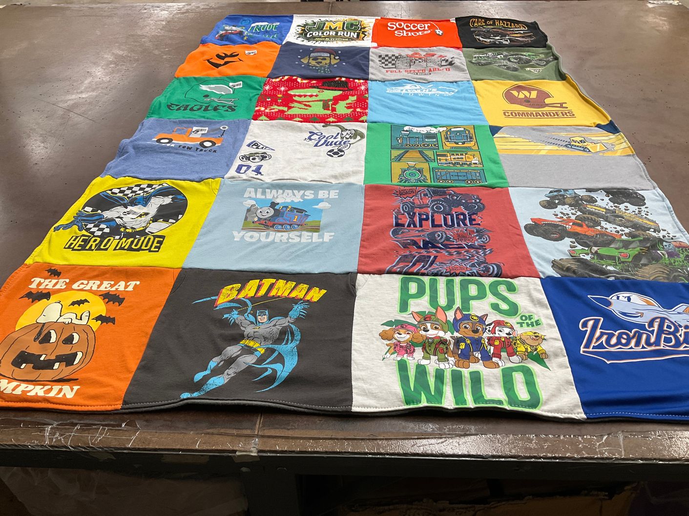 T-shirt quilt with superheroes, cartoons themes by Jess from DE