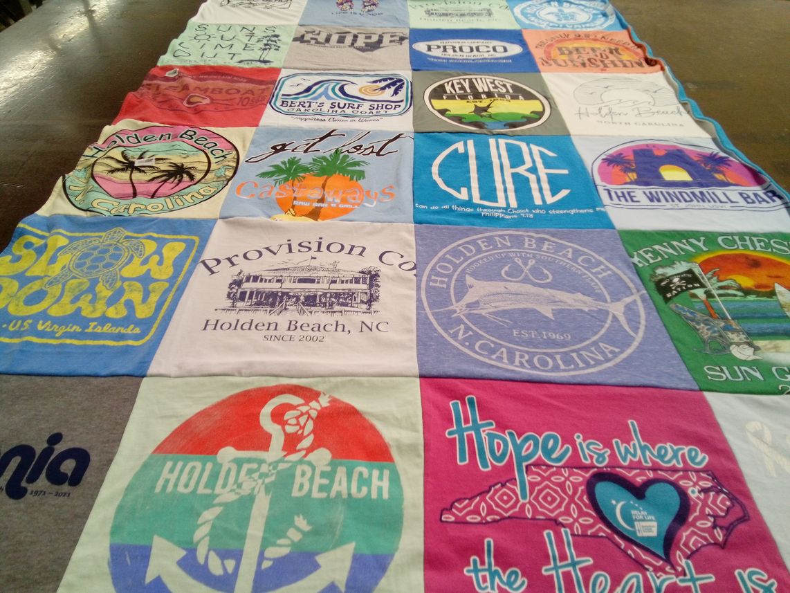 T-shirt quilt with beach, surfing themes by Paige from NC