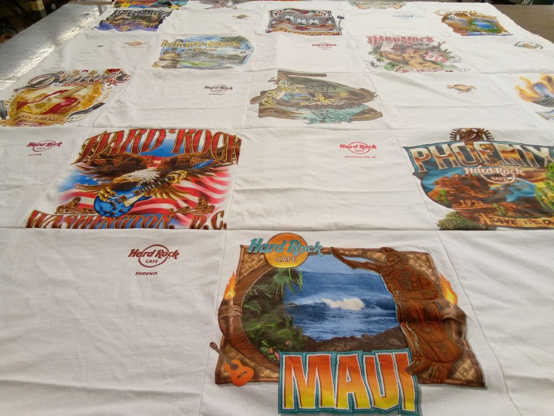 T-shirt quilt with music, travel themes by Susan from VA