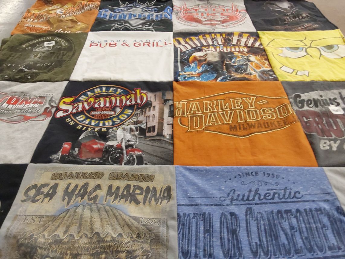 T-shirt quilt with motorcycles, cooking themes by Christine from FL