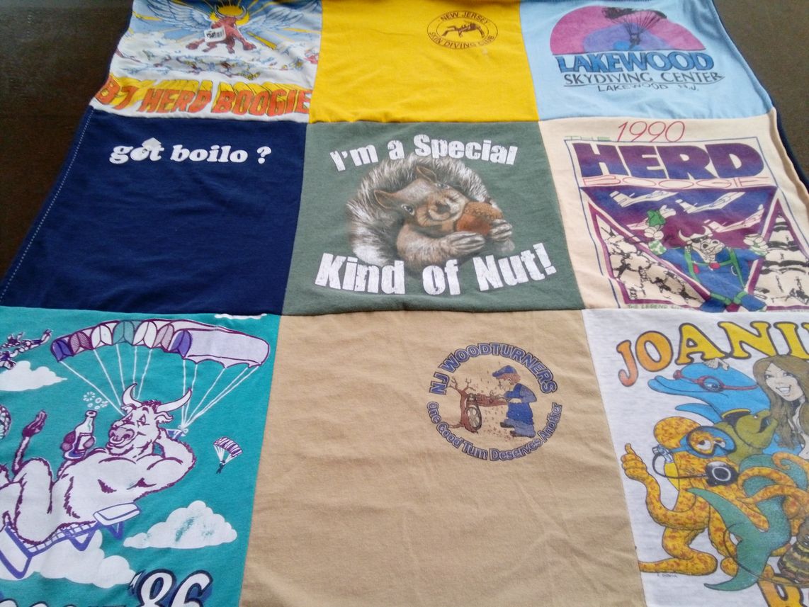 T-shirt quilt with skydiving, woodturning themes by Stephanie from NJ
