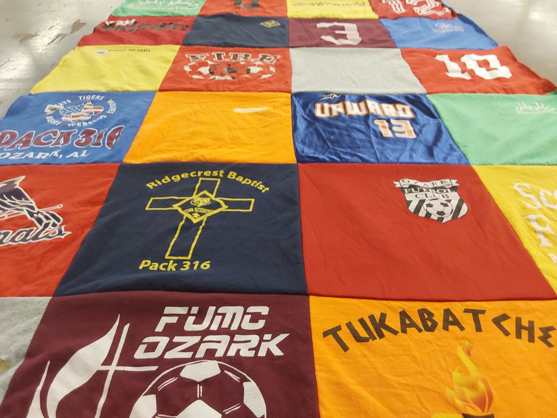 T-shirt quilt with youth programs, sports themes by Leah from AL