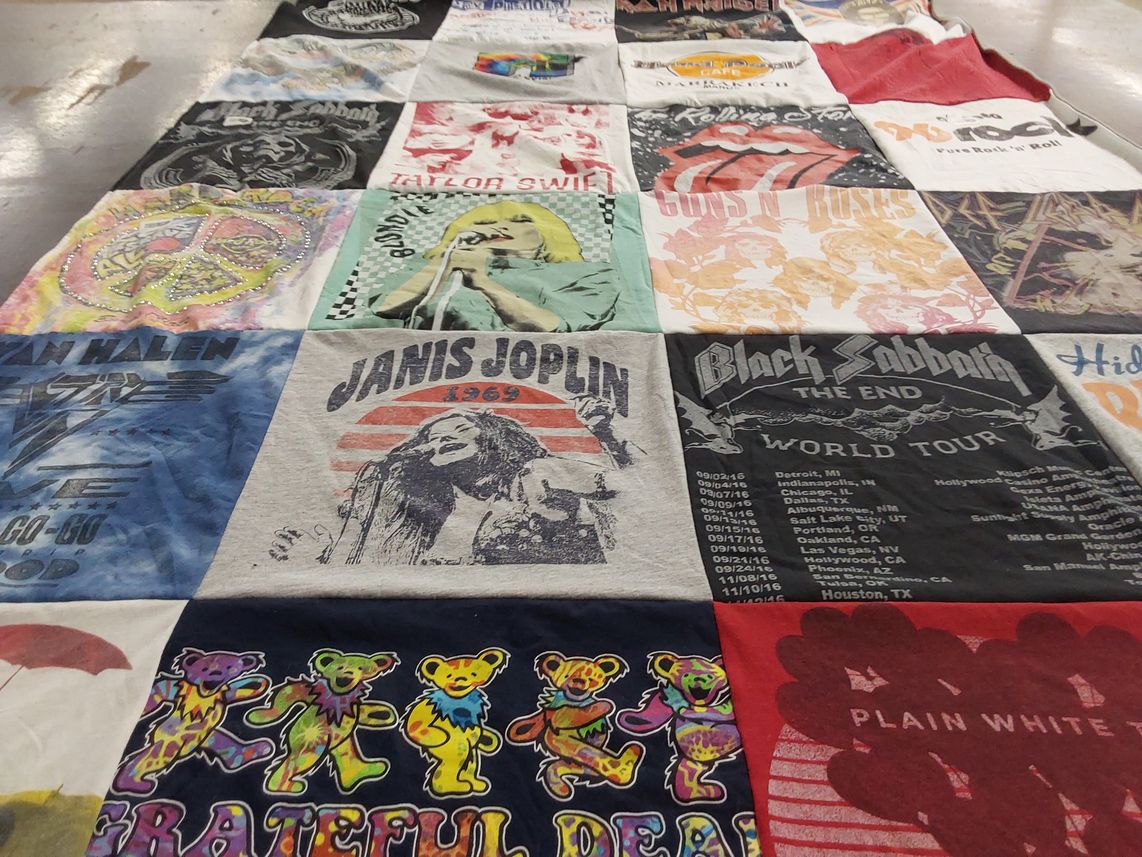 T-shirt quilt with music, rock themes by DENISE from CA