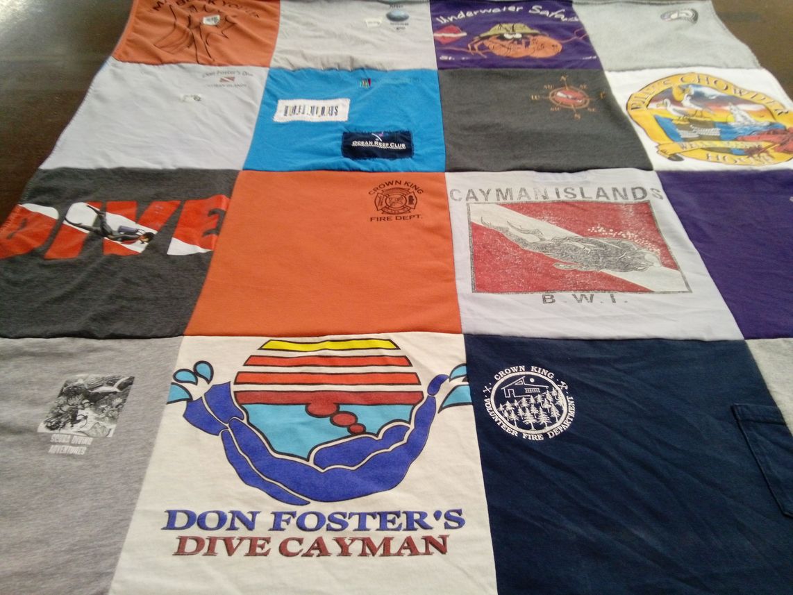 T-shirt quilt with diving, scuba diving themes by Cheryl from MA