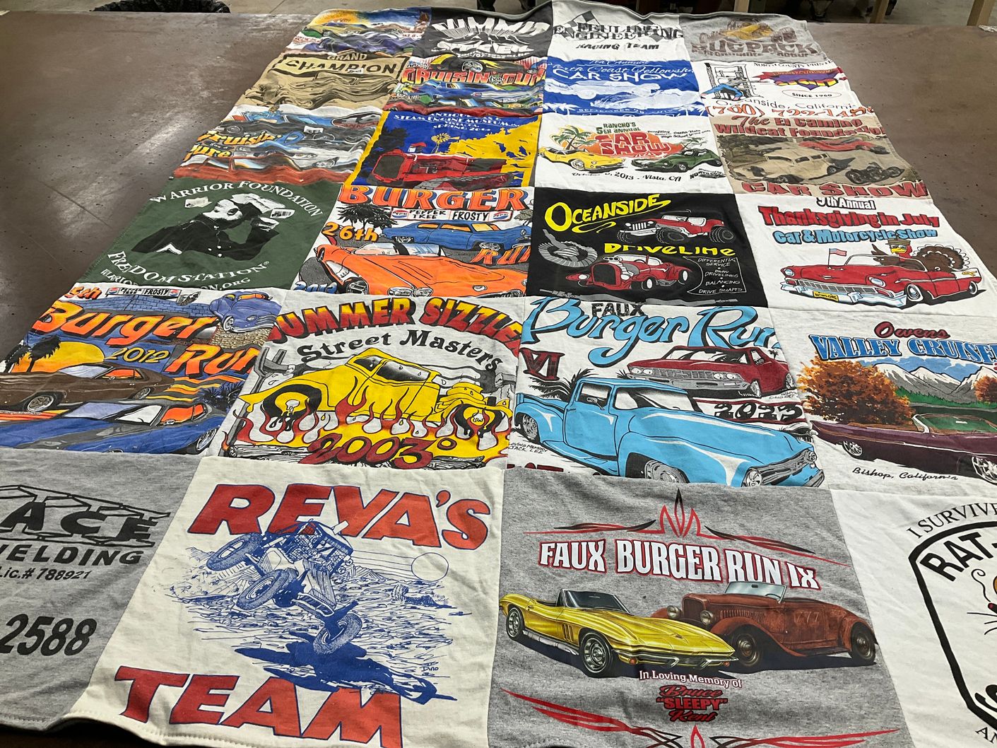 T-shirt quilt with cars, automobiles themes by Rochelle from CA