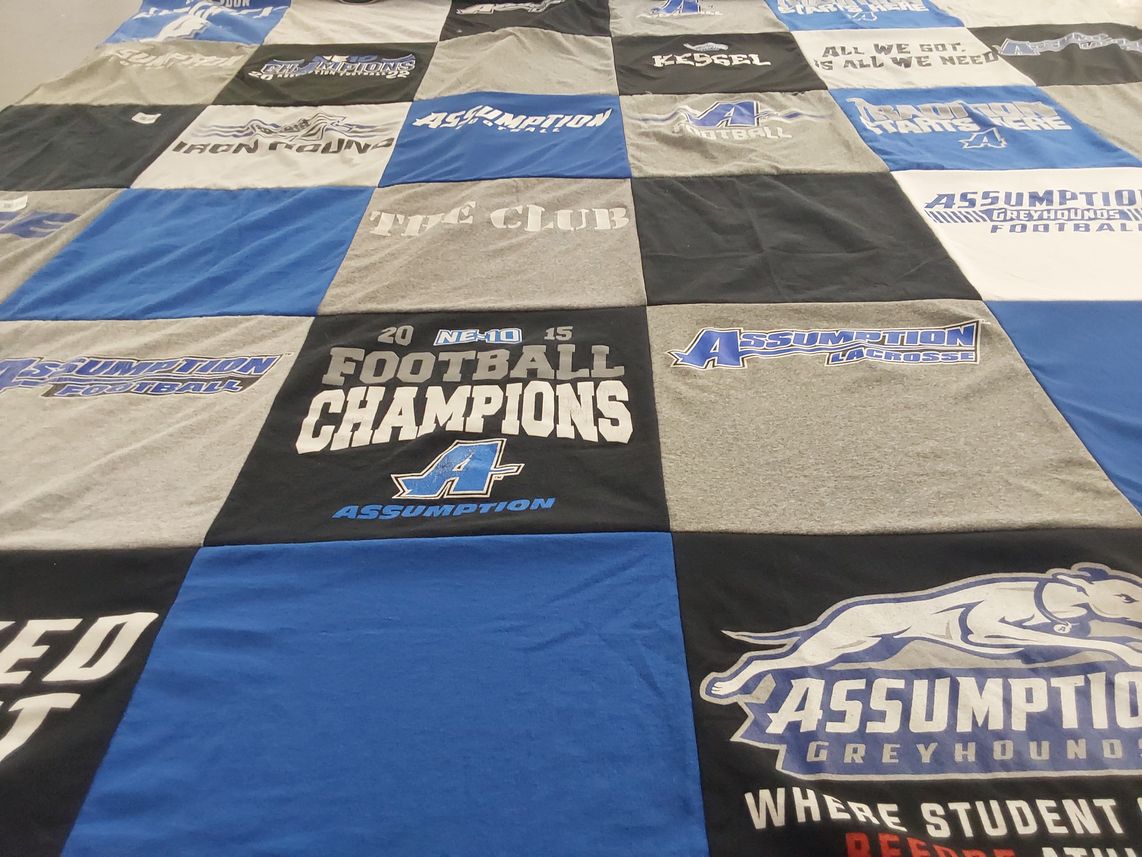 T-shirt quilt featuring assumption greyhounds football, assumption lacrosse by Caitlin from MA