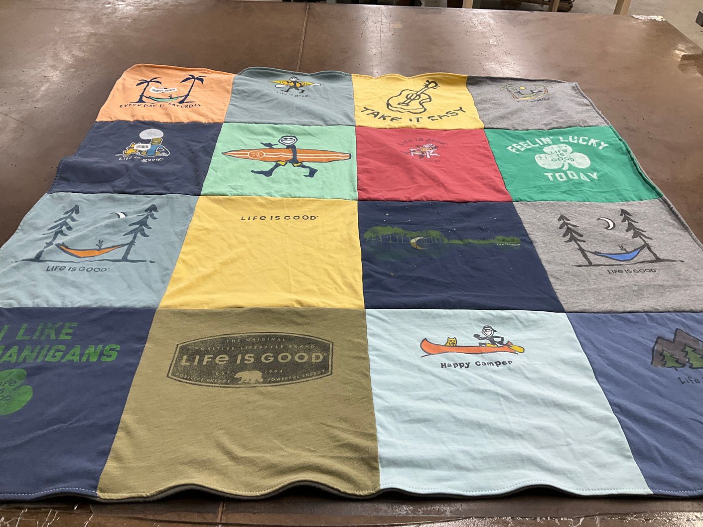 T-shirt quilt with outdoor activities, camping themes by Joey from PA