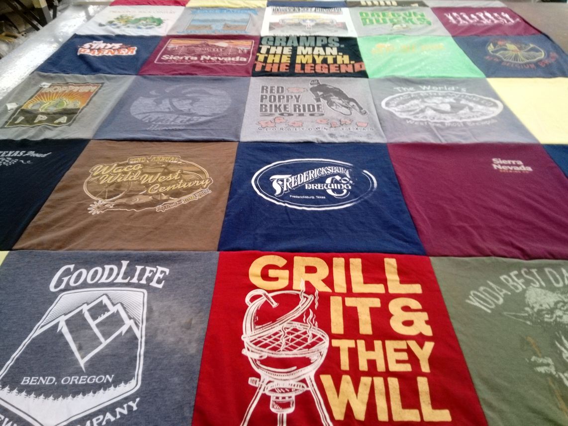 T-shirt quilt with brewing, biking themes by Cathy from TX