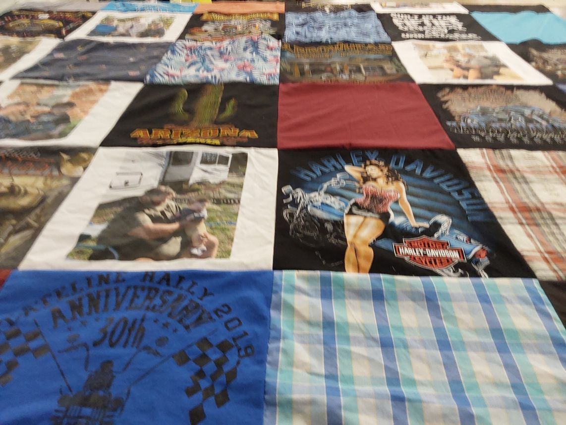 T-shirt quilt with motorcycles, outdoor activities themes by Gail from KS