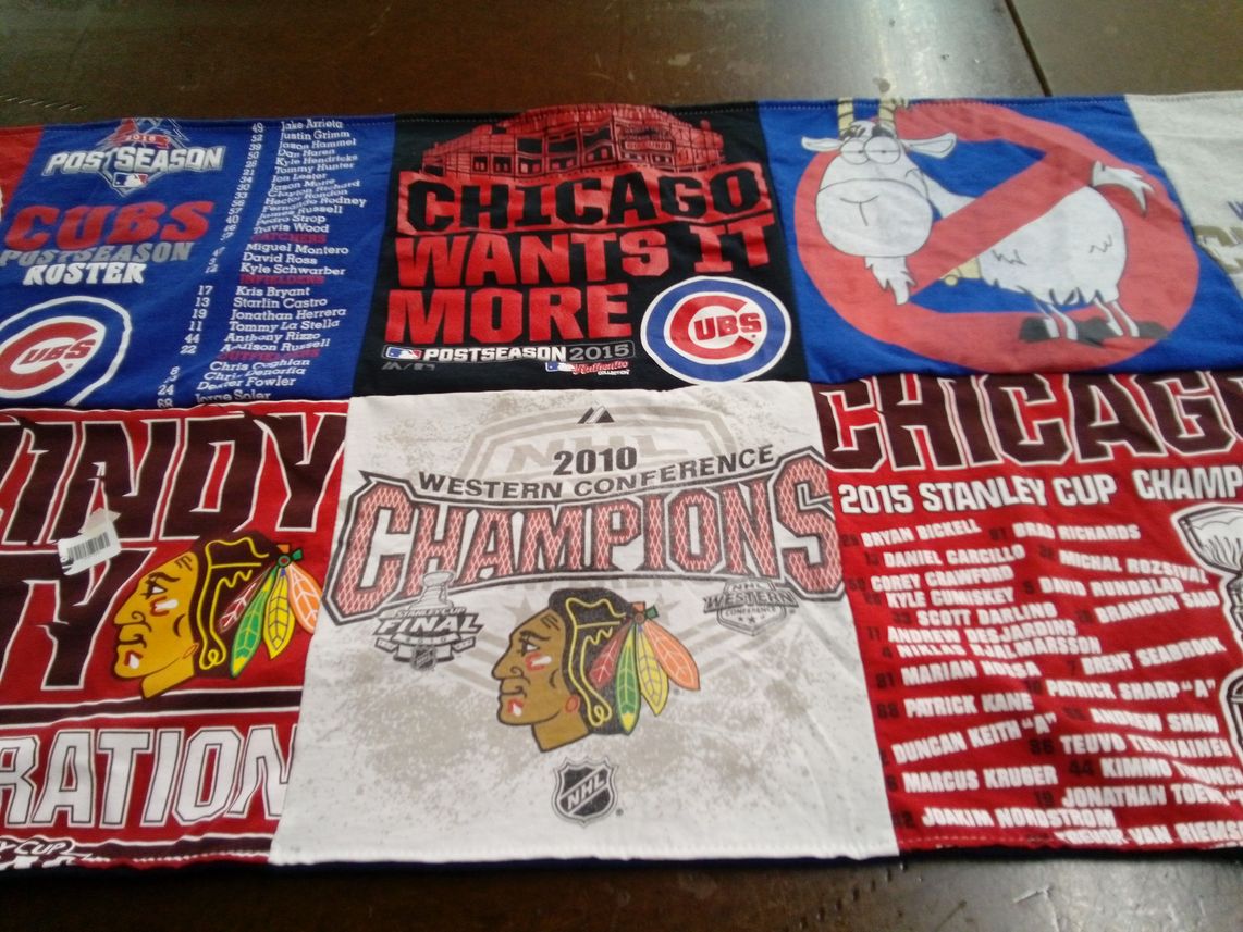 T-shirt quilt with baseball, hockey themes by Michael from CO