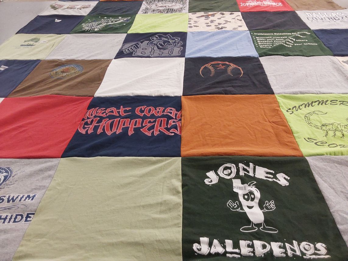T-shirt quilt with fishing, cooking themes by Kim from TX
