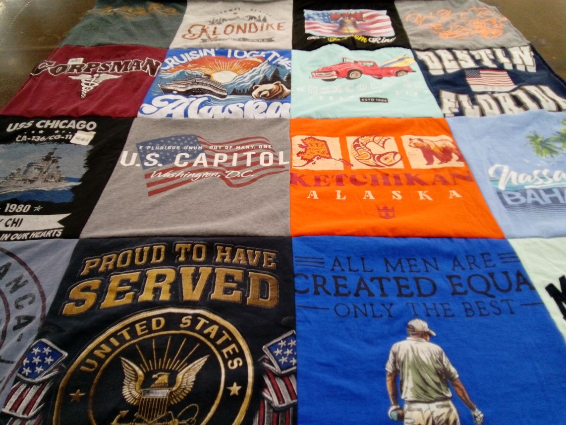 T-shirt quilt with travel, history themes by Ruthie from TX