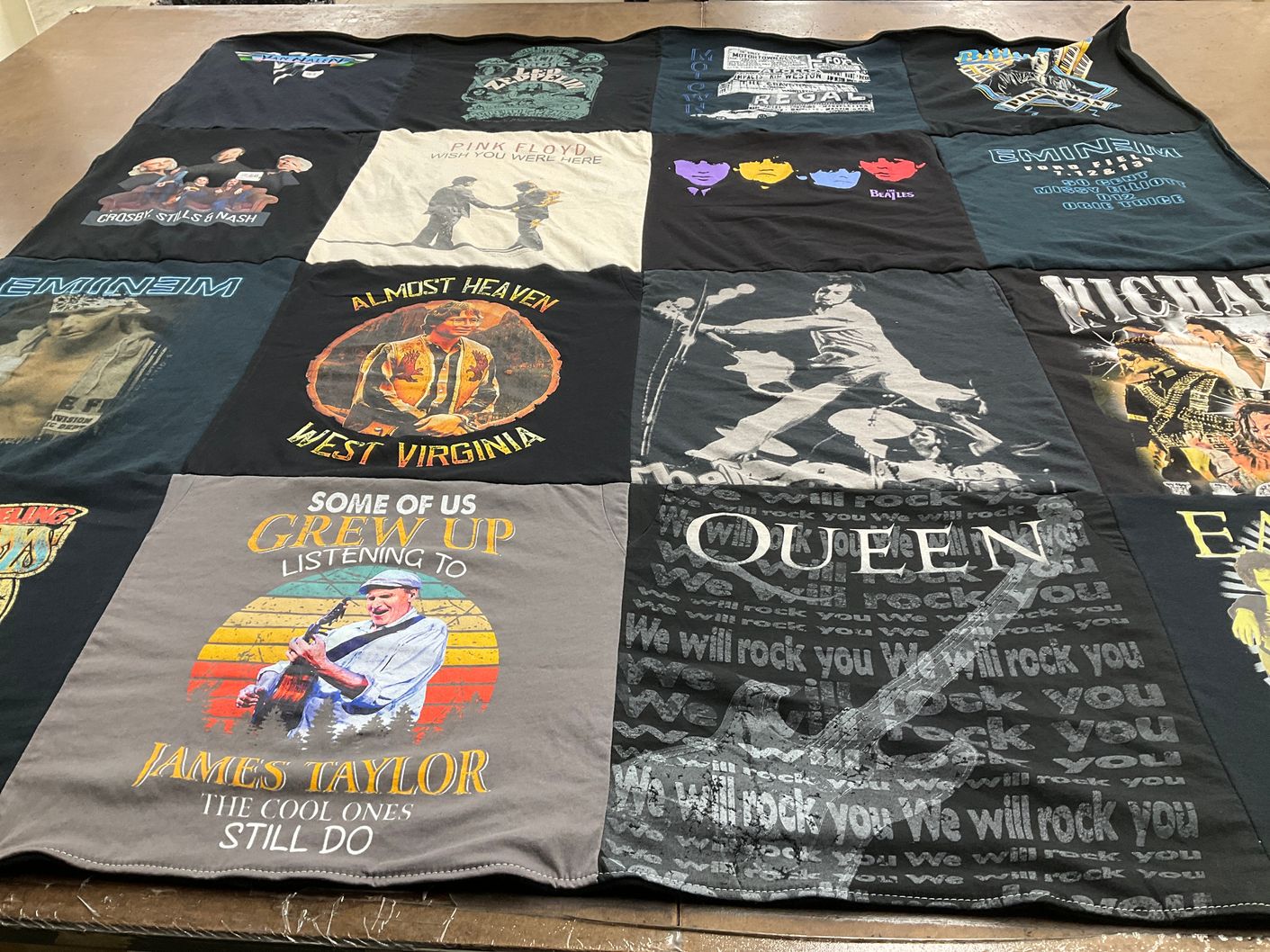 T-shirt quilt with music, rock themes by Marilyn from MI