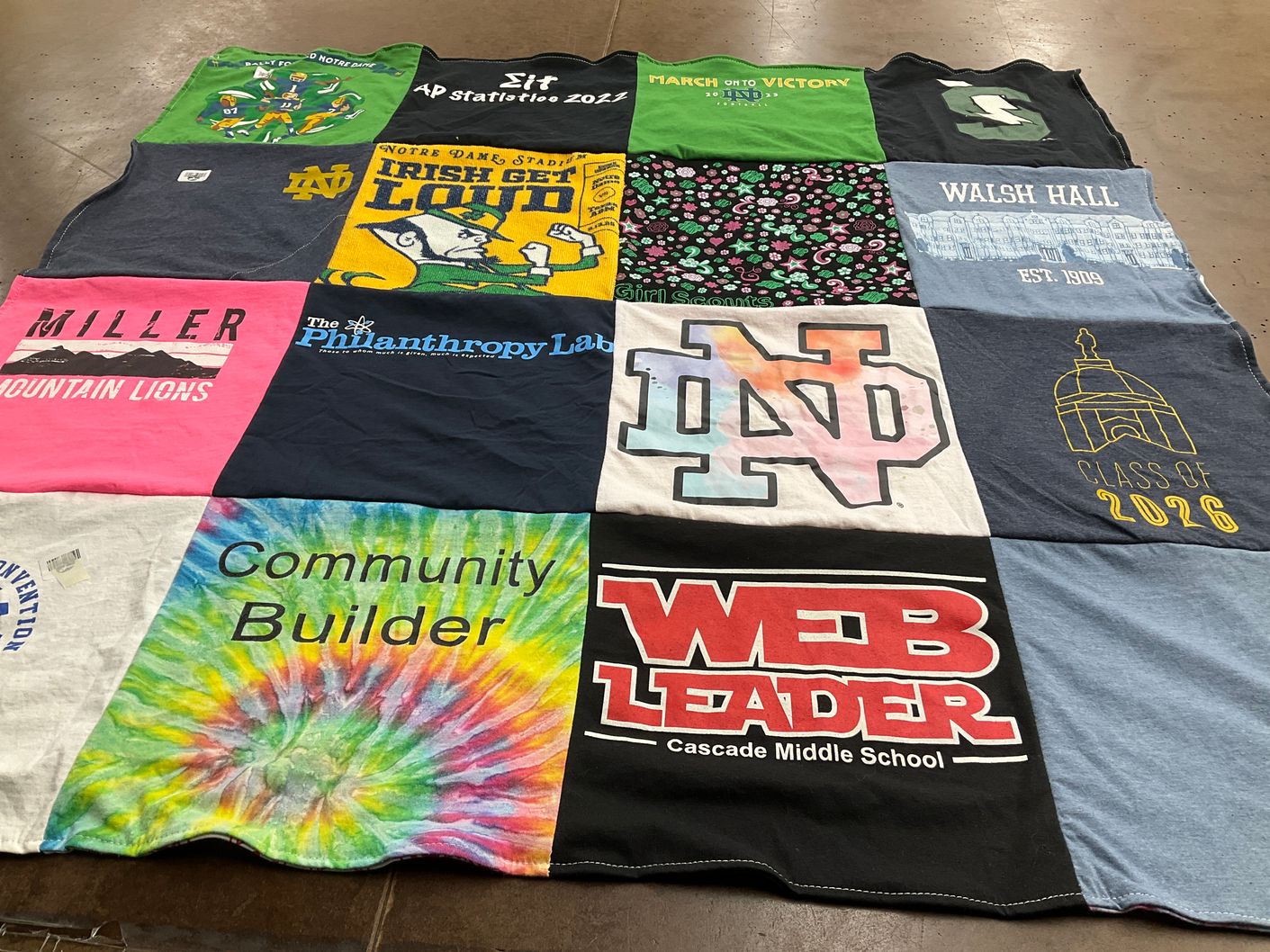 T-shirt quilt from notre dame university, cascade middle school by Michelle from OR