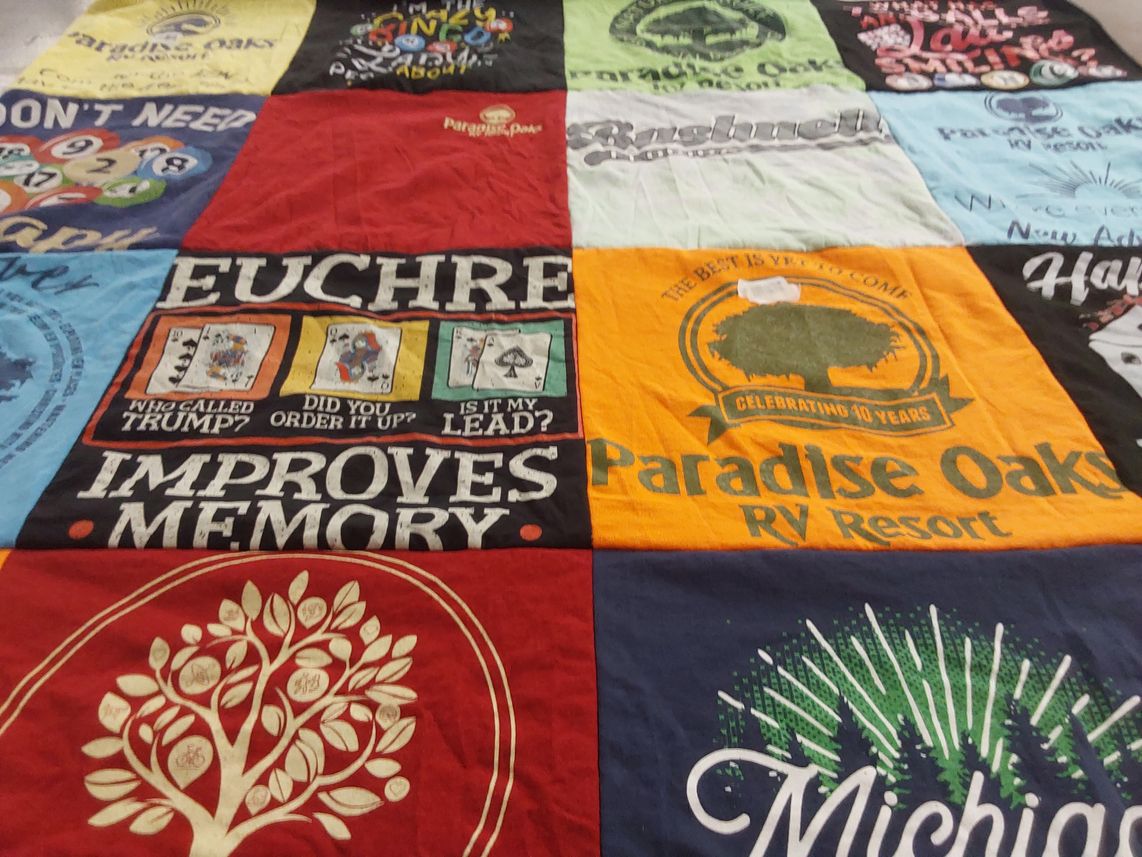 T-shirt quilt with gaming, travel themes by Oscar from MI