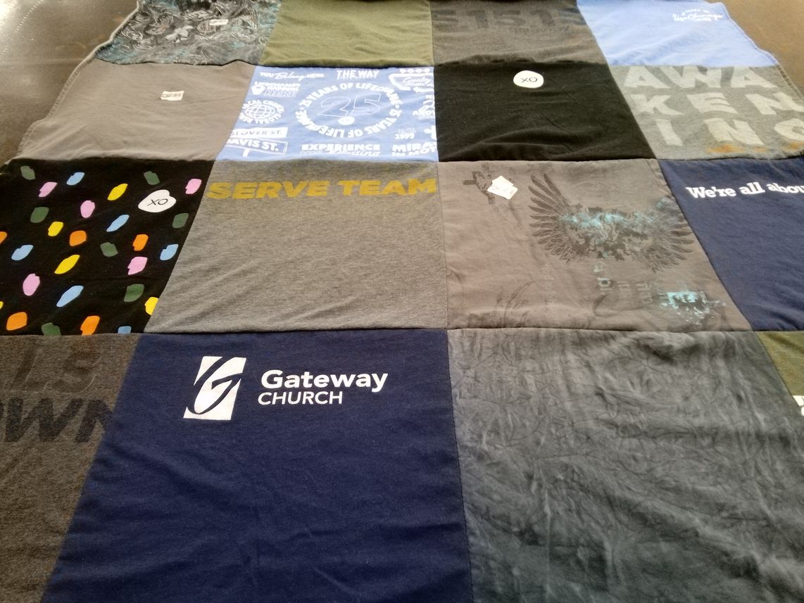 T-shirt quilt with community service, faith-based activities themes by Janet from TX